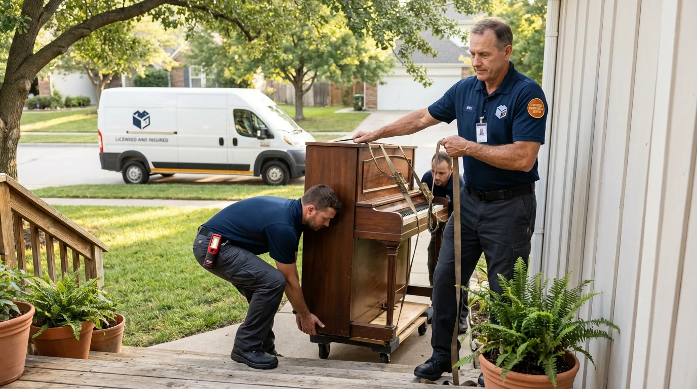 Licensed piano movers securing grand piano in Crosby, MN