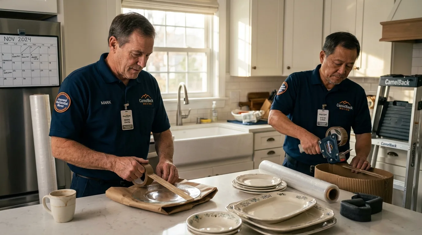 Professional crew packing kitchen dishware in Crosby, MN